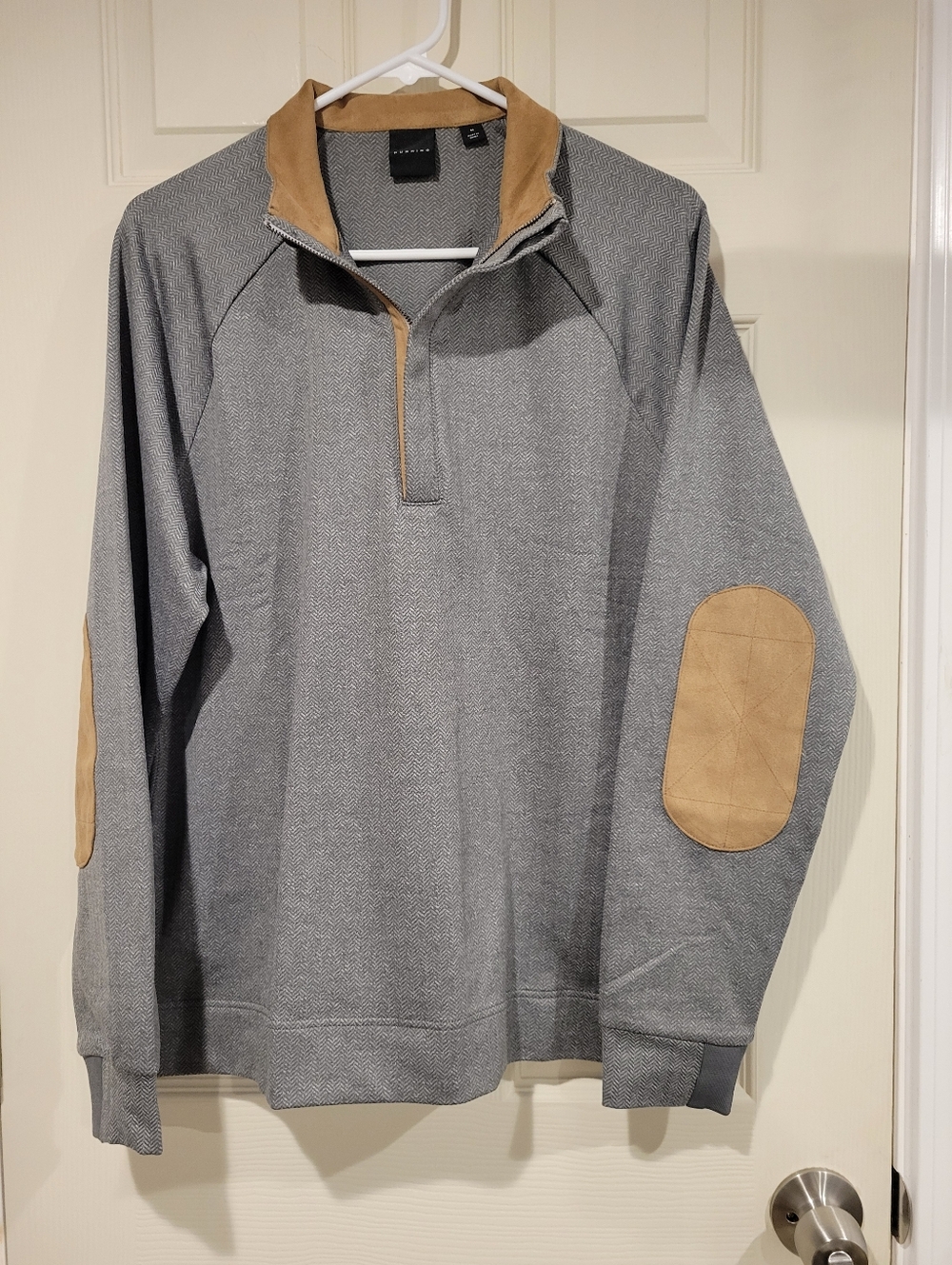 Dunning Men’s Quarter Zip Sweater | Herringbone w/ Suede Trim | Size Medium